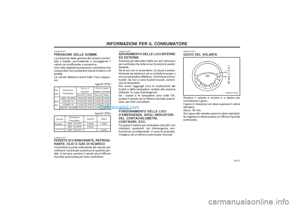 Hyundai H-1 (Grand Starex) 2003 Manuale del proprietario (in Italian) 8-11
INFORMAZIONI PER IL CONSUMATORE
I160A02P-GTT PRESSIONE DELLE GOMMELa pressione delle gomme dev’essere control- lata a freddo, provvedendo a correggerne il valore se insufficiente o eccessiva. Hyundai H-1 (Grand Starex) 2003 Manuale del proprietario (in Italian) 8-11
INFORMAZIONI PER IL CONSUMATORE
I160A02P-GTT PRESSIONE DELLE GOMMELa pressione delle gomme dev’essere control- lata a freddo, provvedendo a correggerne il valore se insufficiente o eccessiva.