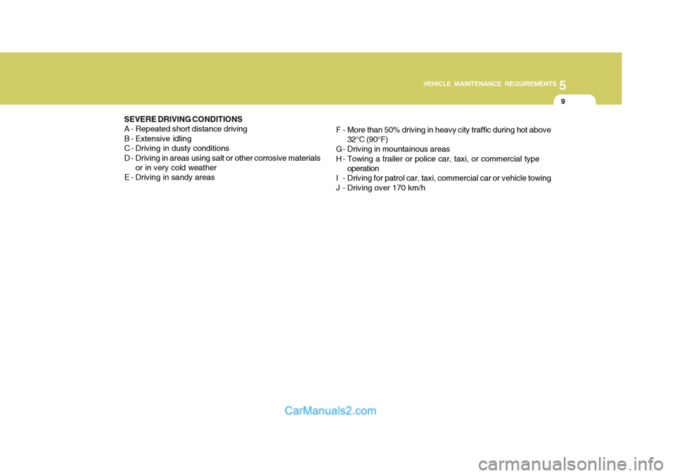 Hyundai H-100 Truck 2012  Owners Manual 5
VEHICLE MAINTENANCE REQUIREMENTS
9
SEVERE DRIVING CONDITIONS A - Repeated short distance driving 
B - Extensive idling
C - Driving in dusty conditions
D - Driving in areas using salt or other corros