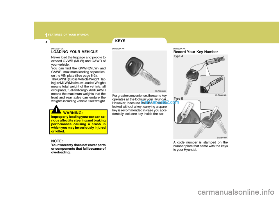Hyundai H-100 Truck 2012 Owners Manual 1FEATURES OF YOUR HYUNDAI
4
B030B01A-AAT Record Your Key Number A code number is stamped on the number plate that came with the keysto your Hyundai.KEYS
B030A01A-AAT
For greater convenience, the same Hyundai H-100 Truck 2012 Owners Manual 1FEATURES OF YOUR HYUNDAI
4
B030B01A-AAT Record Your Key Number A code number is stamped on the number plate that came with the keysto your Hyundai.KEYS
B030A01A-AAT
For greater convenience, the same
