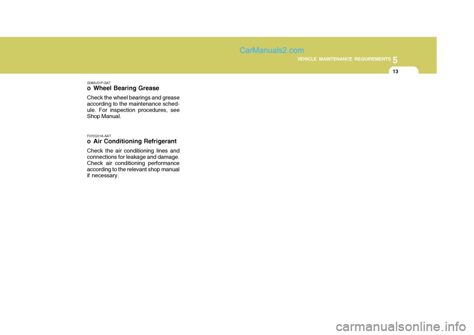 Hyundai H-100 Truck 2012  Owners Manual 5
VEHICLE MAINTENANCE REQUIREMENTS
13
G080U01P-GAT
o Wheel Bearing Grease
Check the wheel bearings and grease according to the maintenance sched- ule. For inspection procedures, see Shop Manual. F070Q