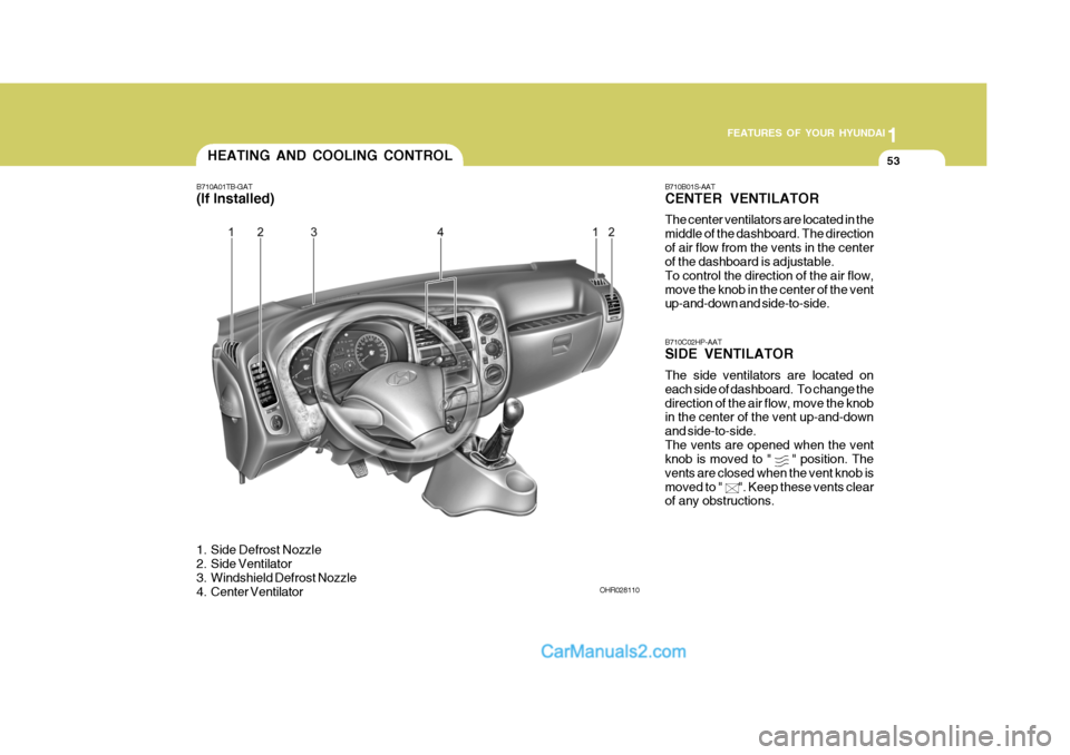 Hyundai H-100 Truck 2012  Owners Manual 1
FEATURES OF YOUR HYUNDAI
53HEATING AND COOLING CONTROL
B710A01TB-GAT (If Installed) 
1. Side Defrost Nozzle 
2. Side Ventilator 
3. Windshield Defrost Nozzle 
4. Center Ventilator B710B01S-AAT CENTE