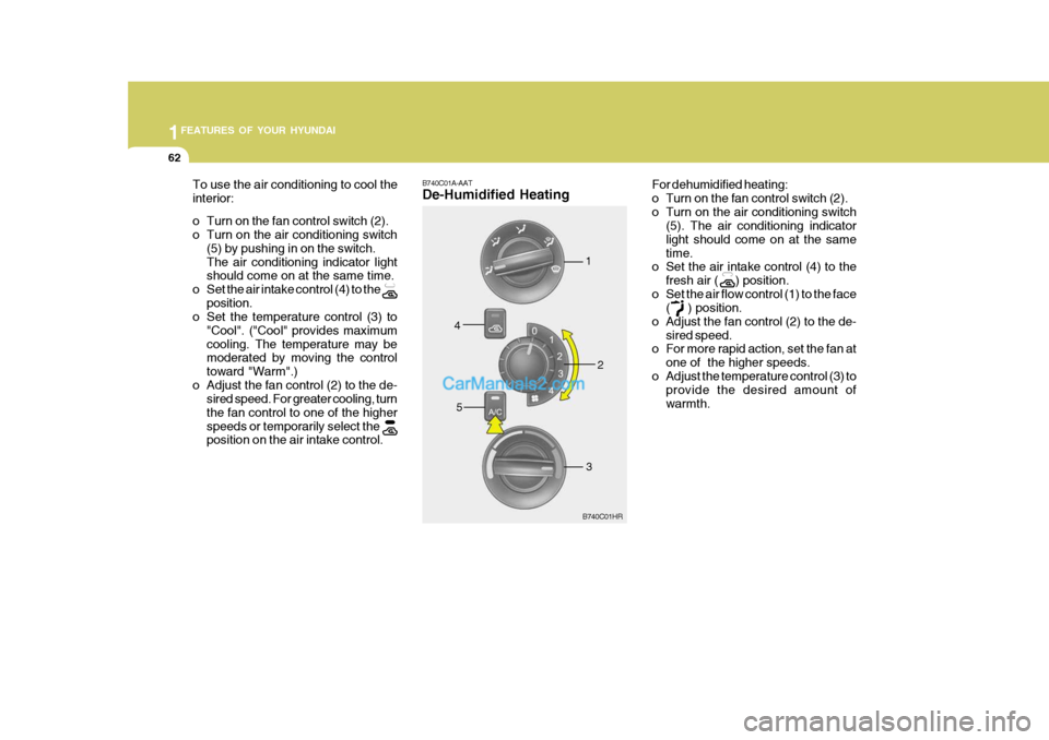 Hyundai H-100 Truck 2012 Owners Manual 1FEATURES OF YOUR HYUNDAI
62
1
2
3
4
5
For dehumidified heating:
o Turn on the fan control switch (2).
o Turn on the air conditioning switch
(5). The air conditioning indicatorlight should come on at Hyundai H-100 Truck 2012 Owners Manual 1FEATURES OF YOUR HYUNDAI
62
1
2
3
4
5
For dehumidified heating:
o Turn on the fan control switch (2).
o Turn on the air conditioning switch
(5). The air conditioning indicatorlight should come on at