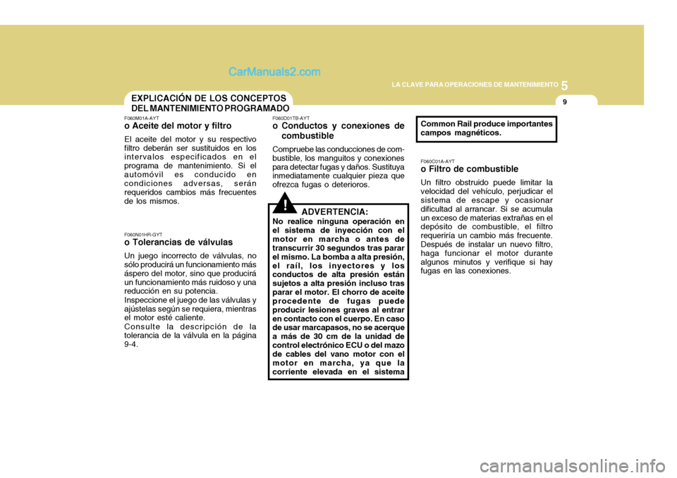 Hyundai H-100 Truck 2012 Manual del propietario (in Spanish) 5
LA CLAVE PARA OPERACIONES DE MANTENIMIENTO
9
!
EXPLICACIÓN DE LOS CONCEPTOS DEL MANTENIMIENTO PROGRAMADO
F060D01TB-AYT
o Conductos y conexiones de
combustible
Compruebe las conducciones de com-
bus Hyundai H-100 Truck 2012 Manual del propietario (in Spanish) 5
LA CLAVE PARA OPERACIONES DE MANTENIMIENTO
9
!
EXPLICACIÓN DE LOS CONCEPTOS DEL MANTENIMIENTO PROGRAMADO
F060D01TB-AYT
o Conductos y conexiones de
combustible
Compruebe las conducciones de com-
bus