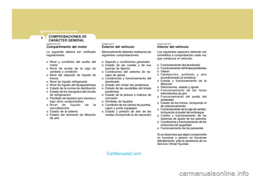 Hyundai H-100 Truck 2012 Manual del propietario (in Spanish) 6MANTENGALO USTED MISMO
6COMPROBACIONES DE CARÁCTER GENERAL
G020A01HR-GYT Compartimento del motor Lo siguiente deberá ser verificado regularmente:
o Nivel y condición del aceite del
motor
o Nivel Hyundai H-100 Truck 2012 Manual del propietario (in Spanish) 6MANTENGALO USTED MISMO
6COMPROBACIONES DE CARÁCTER GENERAL
G020A01HR-GYT Compartimento del motor Lo siguiente deberá ser verificado regularmente:
o Nivel y condición del aceite del
motor
o Nivel
