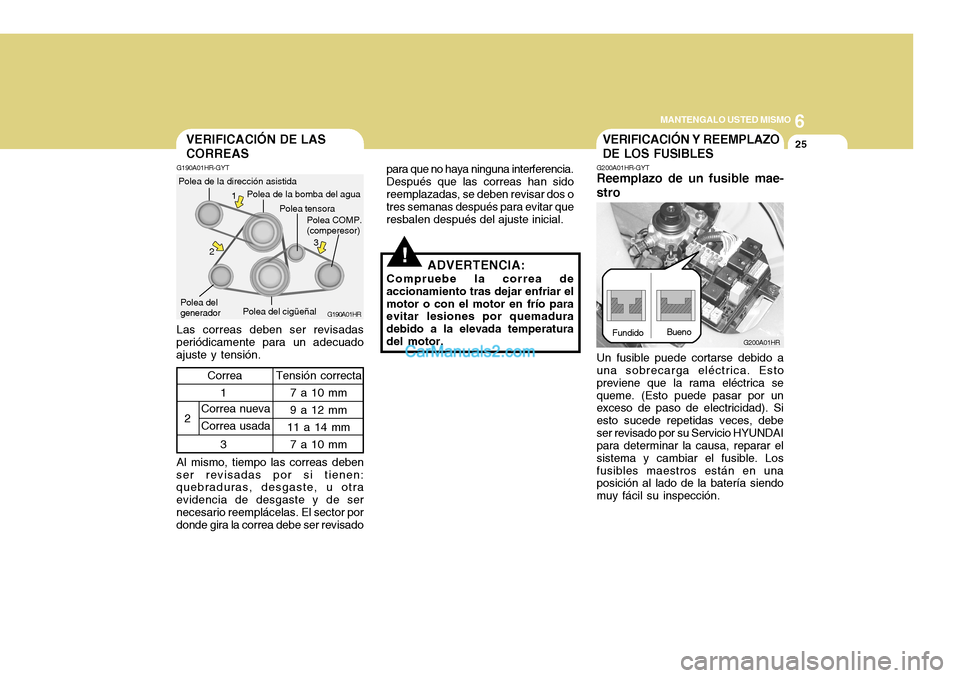 Hyundai H-100 Truck 2012 Manual del propietario (in Spanish) 6
MANTENGALO USTED MISMO
25
!
VERIFICACIÓN DE LAS CORREAS
G190A01HR-GYT Las correas deben ser revisadas
periódicamente para un adecuado ajuste y tensión. Polea del cigüeñal
G190A01HR
Polea COMP. Hyundai H-100 Truck 2012 Manual del propietario (in Spanish) 6
MANTENGALO USTED MISMO
25
!
VERIFICACIÓN DE LAS CORREAS
G190A01HR-GYT Las correas deben ser revisadas
periódicamente para un adecuado ajuste y tensión. Polea del cigüeñal
G190A01HR
Polea COMP.