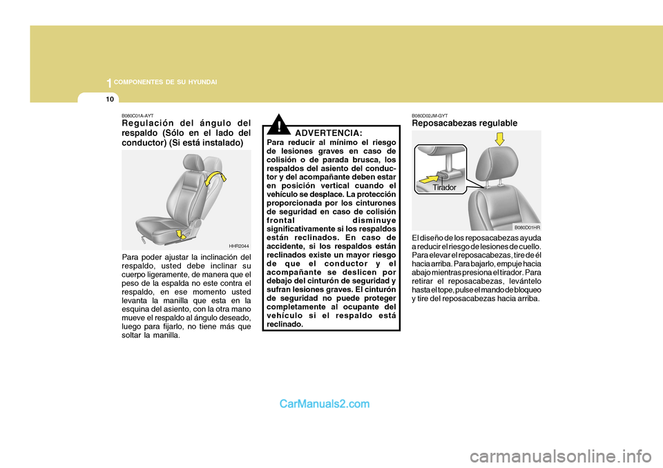 Hyundai H-100 Truck 2012 Manual del propietario (in Spanish) 1COMPONENTES DE SU HYUNDAI
10
!ADVERTENCIA:
Para reducir al mínimo el riesgo
de lesiones graves en caso de colisión o de parada brusca, losrespaldos del asiento del conduc- tor y del acompañante de Hyundai H-100 Truck 2012 Manual del propietario (in Spanish) 1COMPONENTES DE SU HYUNDAI
10
!ADVERTENCIA:
Para reducir al mínimo el riesgo
de lesiones graves en caso de colisión o de parada brusca, losrespaldos del asiento del conduc- tor y del acompañante de