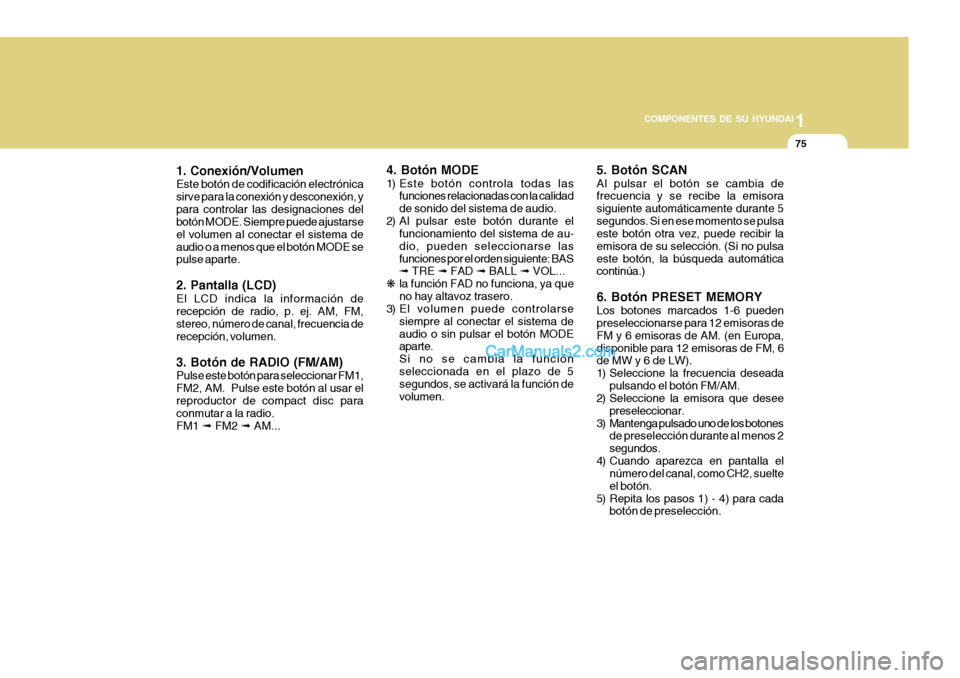 Hyundai H-100 Truck 2012 Manual del propietario (in Spanish) 1
COMPONENTES DE SU HYUNDAI
75
1. Conexión/Volumen Este botón de codificación electrónica sirve para la conexión y desconexión, ypara controlar las designaciones del botón MODE. Siempre puede a Hyundai H-100 Truck 2012 Manual del propietario (in Spanish) 1
COMPONENTES DE SU HYUNDAI
75
1. Conexión/Volumen Este botón de codificación electrónica sirve para la conexión y desconexión, ypara controlar las designaciones del botón MODE. Siempre puede a