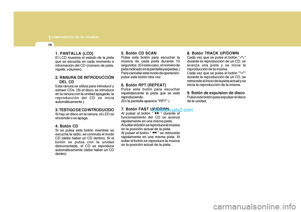 Hyundai H-100 Truck 2012 Manual del propietario (in Spanish) 1COMPONENTES DE SU HYUNDAI
78
1. PANTALLA (LCD) El LCD muestra el estado de la pista que se escucha en cada momento einformación del CD (número de pista, repetir, volumen).
2. RANURA DE INTRODUCCI Hyundai H-100 Truck 2012 Manual del propietario (in Spanish) 1COMPONENTES DE SU HYUNDAI
78
1. PANTALLA (LCD) El LCD muestra el estado de la pista que se escucha en cada momento einformación del CD (número de pista, repetir, volumen).
2. RANURA DE INTRODUCCI