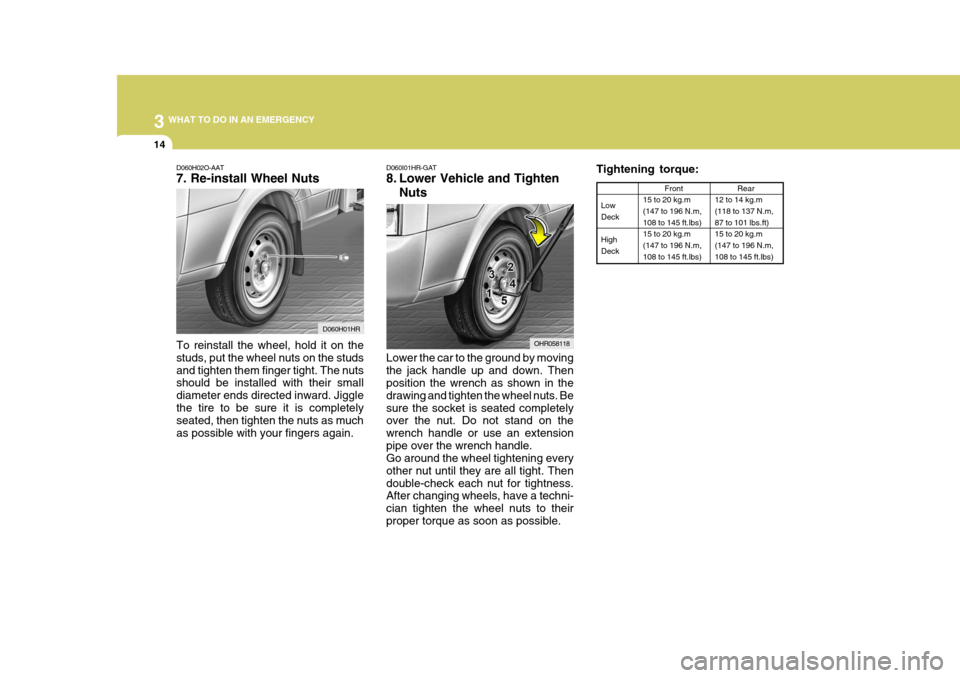 Hyundai H-100 Truck 2011 Owners Manual 3 WHAT TO DO IN AN EMERGENCY
14
Tightening torque:
Low Deck High Deck Front
15 to 20 kg.m(147 to 196 N.m, 108 to 145 ft.lbs) 15 to 20 kg.m(147 to 196 N.m, 108 to 145 ft.lbs)
Rear
12 to 14 kg.m (118 to Hyundai H-100 Truck 2011 Owners Manual 3 WHAT TO DO IN AN EMERGENCY
14
Tightening torque:
Low Deck High Deck Front
15 to 20 kg.m(147 to 196 N.m, 108 to 145 ft.lbs) 15 to 20 kg.m(147 to 196 N.m, 108 to 145 ft.lbs)
Rear
12 to 14 kg.m (118 to