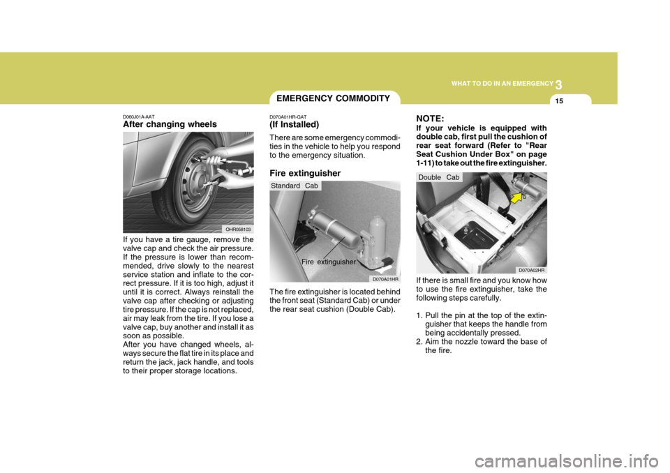 Hyundai H-100 Truck 2011 Owners Manual 3
WHAT TO DO IN AN EMERGENCY
15EMERGENCY COMMODITY
D060J01A-AAT After changing wheels If you have a tire gauge, remove the valve cap and check the air pressure. If the pressure is lower than recom- me Hyundai H-100 Truck 2011 Owners Manual 3
WHAT TO DO IN AN EMERGENCY
15EMERGENCY COMMODITY
D060J01A-AAT After changing wheels If you have a tire gauge, remove the valve cap and check the air pressure. If the pressure is lower than recom- me