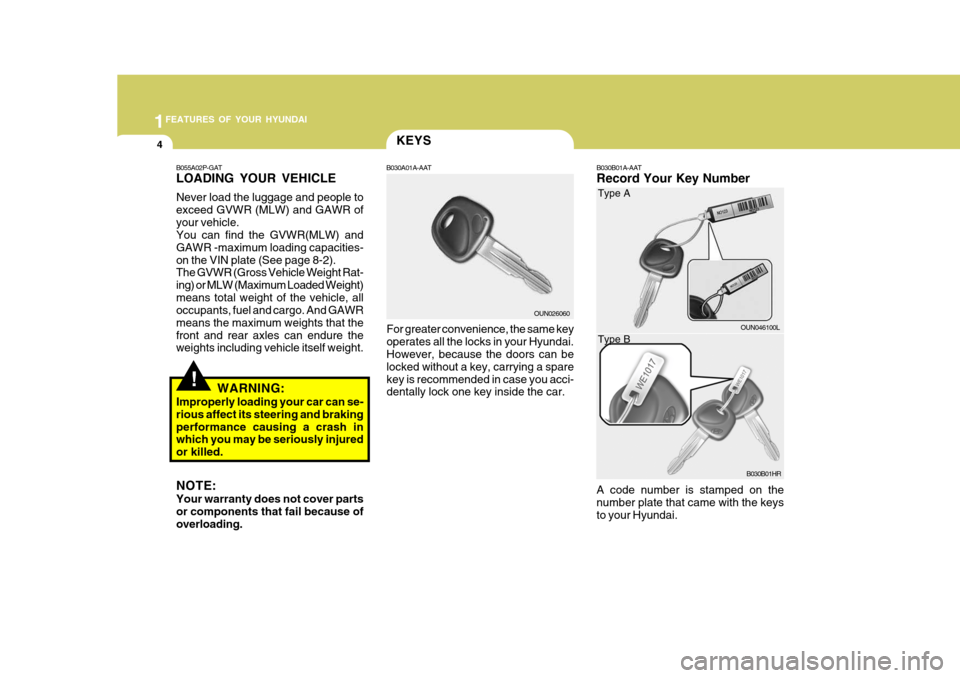 Hyundai H-100 Truck 2011 Owners Manual 1FEATURES OF YOUR HYUNDAI
4
B030B01A-AAT Record Your Key Number A code number is stamped on the number plate that came with the keysto your Hyundai.KEYS
B030A01A-AAT
For greater convenience, the same Hyundai H-100 Truck 2011 Owners Manual 1FEATURES OF YOUR HYUNDAI
4
B030B01A-AAT Record Your Key Number A code number is stamped on the number plate that came with the keysto your Hyundai.KEYS
B030A01A-AAT
For greater convenience, the same