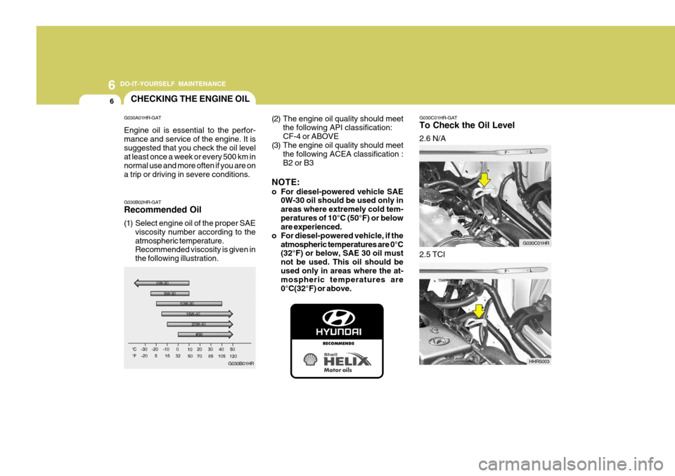 Hyundai H-100 Truck 2011 Owners Manual 6 DO-IT-YOURSELF MAINTENANCE
6
G030C01HR-GAT To Check the Oil Level 2.6 N/A
HHR5003
2.5 TCI
CHECKING THE ENGINE OIL
G030B01HR
G030B02HR-GAT Recommended Oil
(1) Select engine oil of the proper SAE
vis Hyundai H-100 Truck 2011 Owners Manual 6 DO-IT-YOURSELF MAINTENANCE
6
G030C01HR-GAT To Check the Oil Level 2.6 N/A
HHR5003
2.5 TCI
CHECKING THE ENGINE OIL
G030B01HR
G030B02HR-GAT Recommended Oil
(1) Select engine oil of the proper SAE
vis