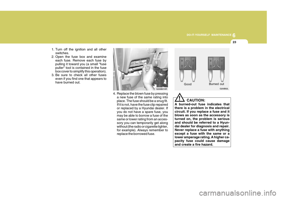 Hyundai H-100 Truck 2011 Owners Manual 6
DO-IT-YOURSELF MAINTENANCE
23
1. Turn off the ignition and all other
switches.
2. Open the fuse box and examine each fuse. Remove each fuse by pulling it toward you (a small "fusepuller" tool is con Hyundai H-100 Truck 2011 Owners Manual 6
DO-IT-YOURSELF MAINTENANCE
23
1. Turn off the ignition and all other
switches.
2. Open the fuse box and examine each fuse. Remove each fuse by pulling it toward you (a small "fusepuller" tool is con
