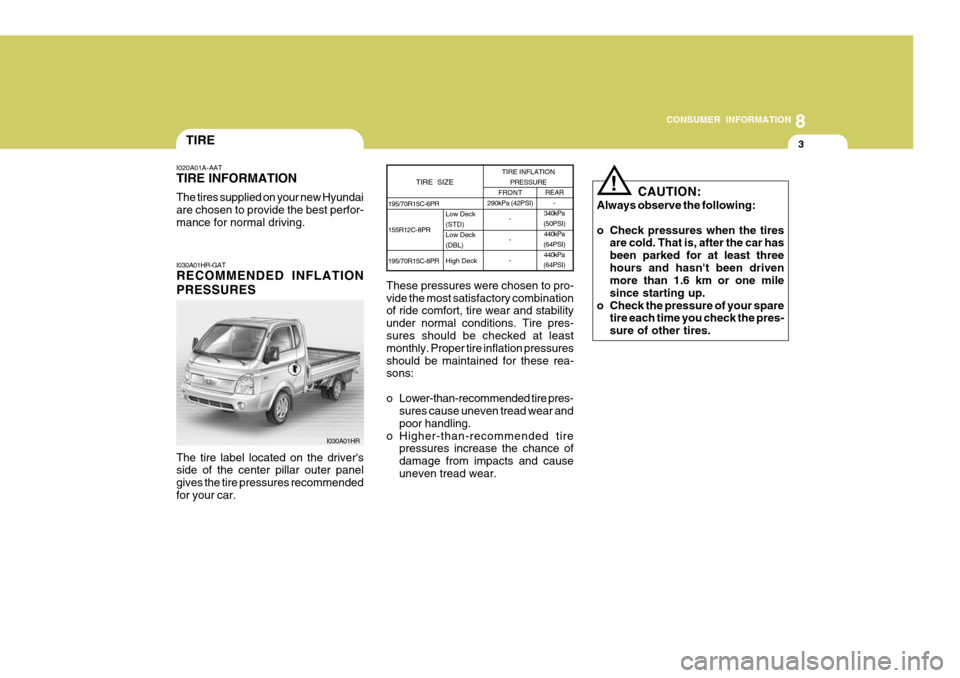 Hyundai H-100 Truck 2011 Owners Manual 8
CONSUMER INFORMATION
3TIRE
I020A01A-AAT TIRE INFORMATION The tires supplied on your new Hyundai are chosen to provide the best perfor-mance for normal driving. I030A01HR-GAT RECOMMENDED INFLATION PR Hyundai H-100 Truck 2011 Owners Manual 8
CONSUMER INFORMATION
3TIRE
I020A01A-AAT TIRE INFORMATION The tires supplied on your new Hyundai are chosen to provide the best perfor-mance for normal driving. I030A01HR-GAT RECOMMENDED INFLATION PR
