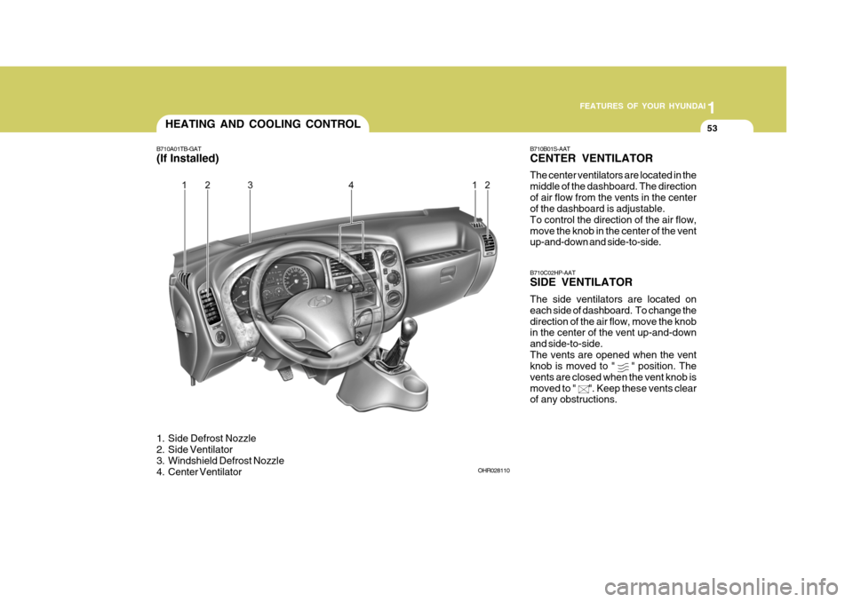 Hyundai H-100 Truck 2011  Owners Manual 1
FEATURES OF YOUR HYUNDAI
53HEATING AND COOLING CONTROL
B710A01TB-GAT (If Installed) 
1. Side Defrost Nozzle 
2. Side Ventilator 
3. Windshield Defrost Nozzle 
4. Center Ventilator B710B01S-AAT CENTE