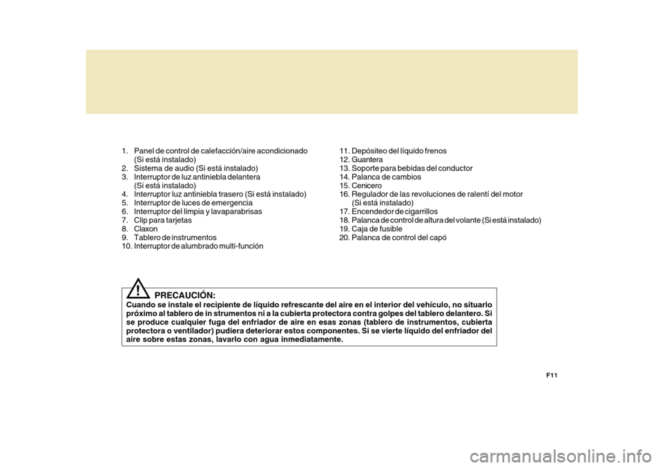 Hyundai H-100 Truck 2011 Manual del propietario (in Spanish) F11
1. Panel de control de calefacción/aire acondicionado
(Si está instalado)
2. Sistema de audio (Si está instalado)
3. Interruptor de luz antiniebla delantera
(Si está instalado)
4. Interruptor Hyundai H-100 Truck 2011 Manual del propietario (in Spanish) F11
1. Panel de control de calefacción/aire acondicionado
(Si está instalado)
2. Sistema de audio (Si está instalado)
3. Interruptor de luz antiniebla delantera
(Si está instalado)
4. Interruptor
