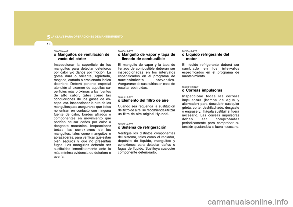Hyundai H-100 Truck 2011  Manual del propietario (in Spanish) 5LA CLAVE PARA OPERACIONES DE MANTENIMIENTO
10
F070B01A-GYT
o Sistema de refrigeración
Verifique los distintos componentes del sistema, tales como el radiador, depósito de líquido, manguitos y cone