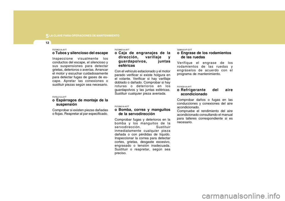 Hyundai H-100 Truck 2011  Manual del propietario (in Spanish) 5LA CLAVE PARA OPERACIONES DE MANTENIMIENTO
12
F070K01A-AYT
o Tubos y silencioso del escape
Inspeccione visualmente los conductos del escape, el silencioso y sus suspensiones para detectar grietas, de