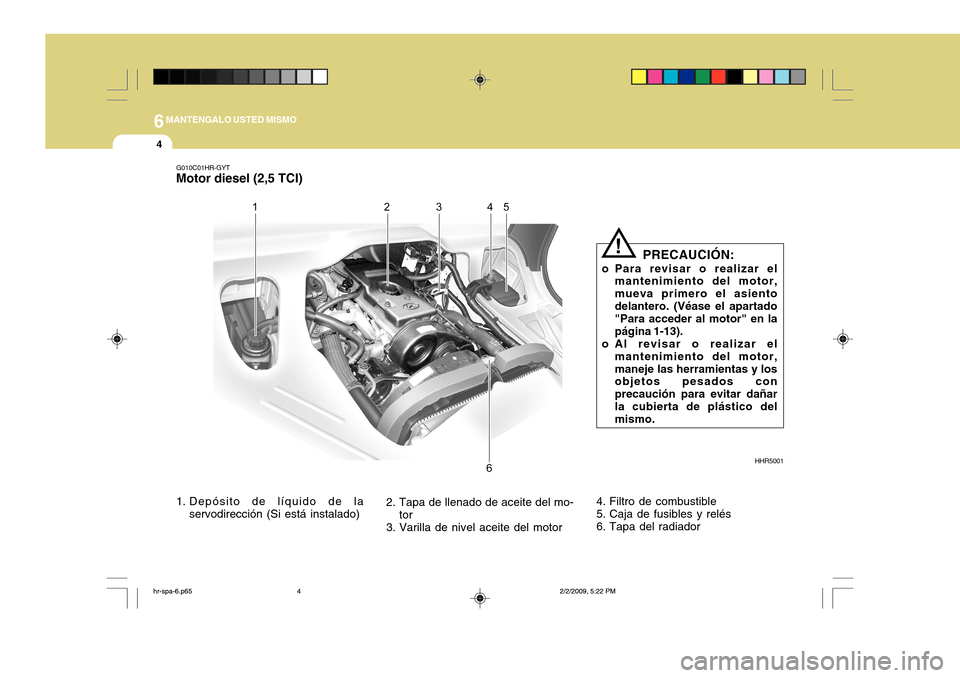 Hyundai H-100 Truck 2011  Manual del propietario (in Spanish) 6MANTENGALO USTED MISMO
4
G010C01HR-GYT
Motor diesel (2,5 TCI)
HHR5001
1. Depósito de líquido de la servodirección (Si está instalado) 2. Tapa de llenado de aceite del mo-
tor
3. Varilla de nivel 