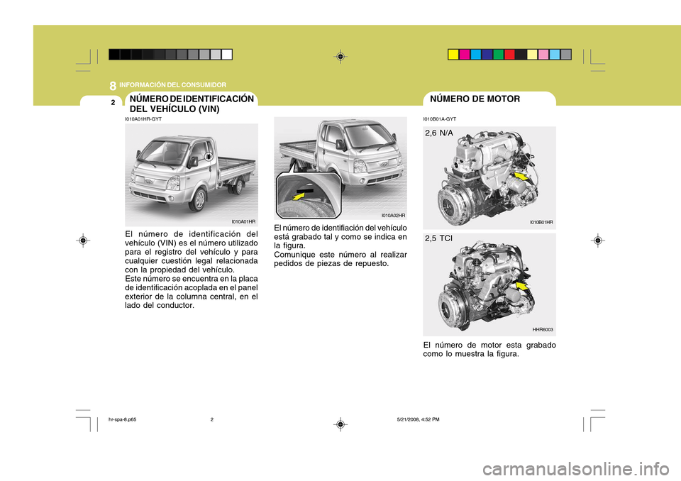 Hyundai H-100 Truck 2011  Manual del propietario (in Spanish) 8INFORMACIÓN DEL CONSUMIDOR
2NÚMERO DE MOTORNÚMERO DE IDENTIFICACIÓN DEL VEHÍCULO (VIN)
I010A01HR-GYT I010B01A-GYT El número de motor esta grabado
como lo muestra la figura.
El número de identi