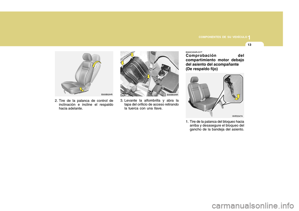 Hyundai H-100 Truck 2011  Manual del propietario (in Spanish) 1
COMPONENTES DE SU VEHÍCULO
13
B300C05HR-GYT Comprobación del
compartimiento motor debajo del asiento del acompañante
(De respaldo fijo)
B300B02HR B300B03HR
2. Tire de la palanca de control de
inc