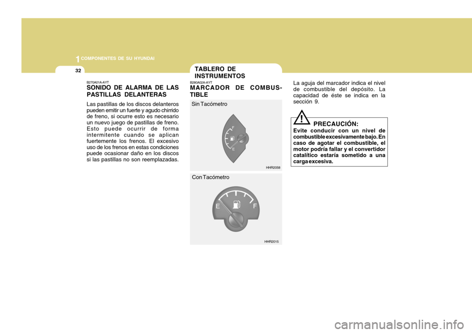 Hyundai H-100 Truck 2011  Manual del propietario (in Spanish) 1COMPONENTES DE SU HYUNDAI
32TABLERO DE INSTRUMENTOS
B280A02A-AYT MARCADOR DE COMBUS-
TIBLE La aguja del marcador indica el nivel
de combustible del depósito. La capacidad de éste se indica en la se