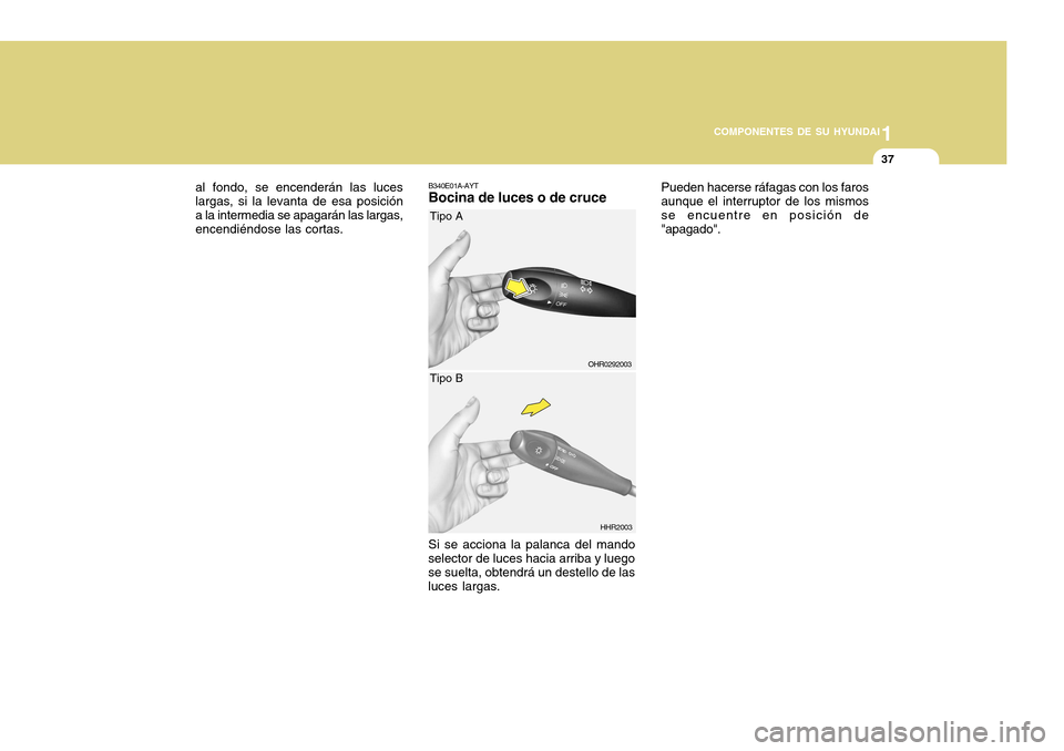 Hyundai H-100 Truck 2011  Manual del propietario (in Spanish) 1
COMPONENTES DE SU HYUNDAI
37
B340E01A-AYT Bocina de luces o de cruce Si se acciona la palanca del mando
selector de luces hacia arriba y luego se suelta, obtendrá un destello de las luces largas.
H