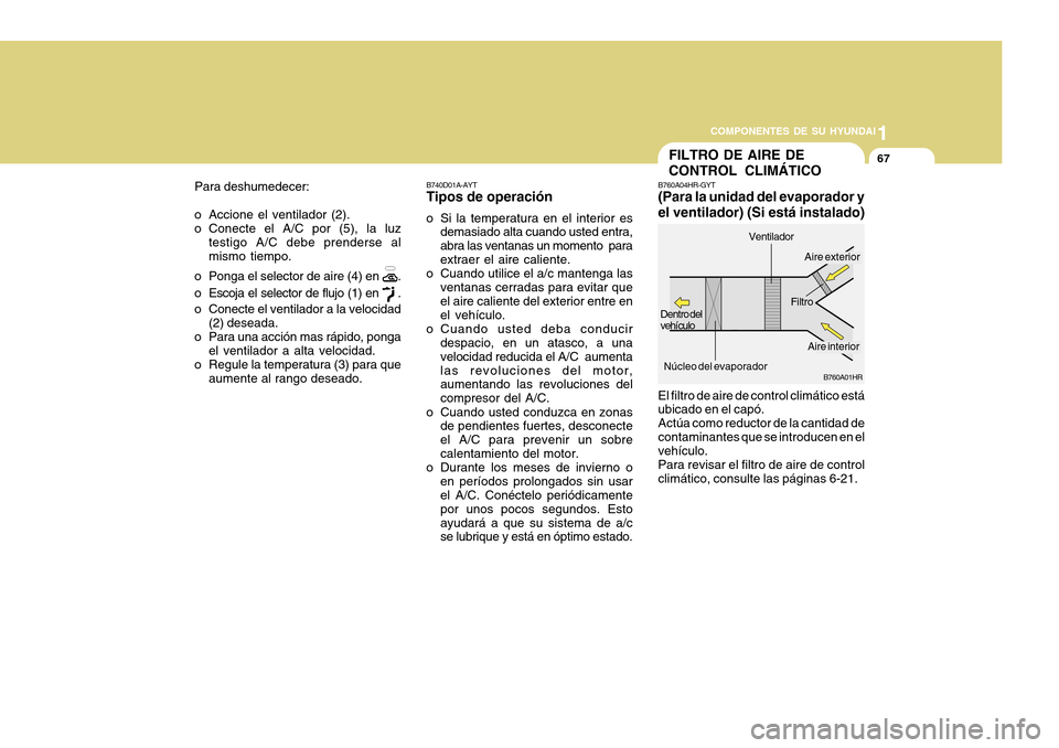 Hyundai H-100 Truck 2011 Manual del propietario (in Spanish) 1
COMPONENTES DE SU HYUNDAI
67
B760A01HR
FILTRO DE AIRE DE CONTROL CLIMÁTICO
B740D01A-AYT Tipos de operación
o Si la temperatura en el interior es demasiado alta cuando usted entra, abra las ventana Hyundai H-100 Truck 2011 Manual del propietario (in Spanish) 1
COMPONENTES DE SU HYUNDAI
67
B760A01HR
FILTRO DE AIRE DE CONTROL CLIMÁTICO
B740D01A-AYT Tipos de operación
o Si la temperatura en el interior es demasiado alta cuando usted entra, abra las ventana