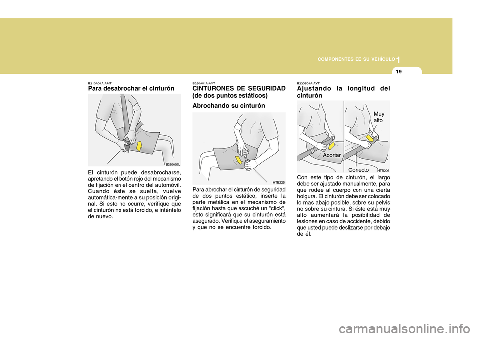 Hyundai H-100 Truck 2011  Manual del propietario (in Spanish) 1
COMPONENTES DE SU VEHÍCULO
19
HTB226
Acortar
B220B01A-AYT Ajustando la longitud del cinturón Con este tipo de cinturón, el largo debe ser ajustado manualmente, paraque rodee al cuerpo con una cie