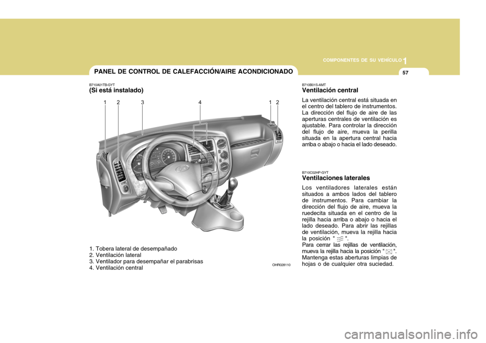 Hyundai H-100 Truck 2011  Manual del propietario (in Spanish) 1
COMPONENTES DE SU VEHÍCULO
57PANEL DE CONTROL DE CALEFACCIÓN/AIRE ACONDICIONADO
1. Tobera lateral de desempañado 
2. Ventilación lateral 
3. Ventilador para desempañar el parabrisas 
4. Ventila