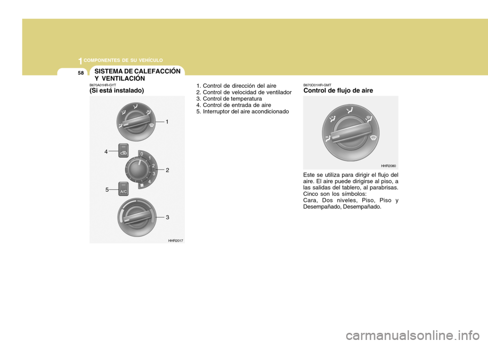 Hyundai H-100 Truck 2011  Manual del propietario (in Spanish) 1COMPONENTES DE SU VEHÍCULO
58SISTEMA DE CALEFACCIÓN Y VENTILACIÓN
B670A01HR-GYT (Si está instalado) 1. Control de dirección del aire 
2. Control de velocidad de ventilador 
3. Control de tempera