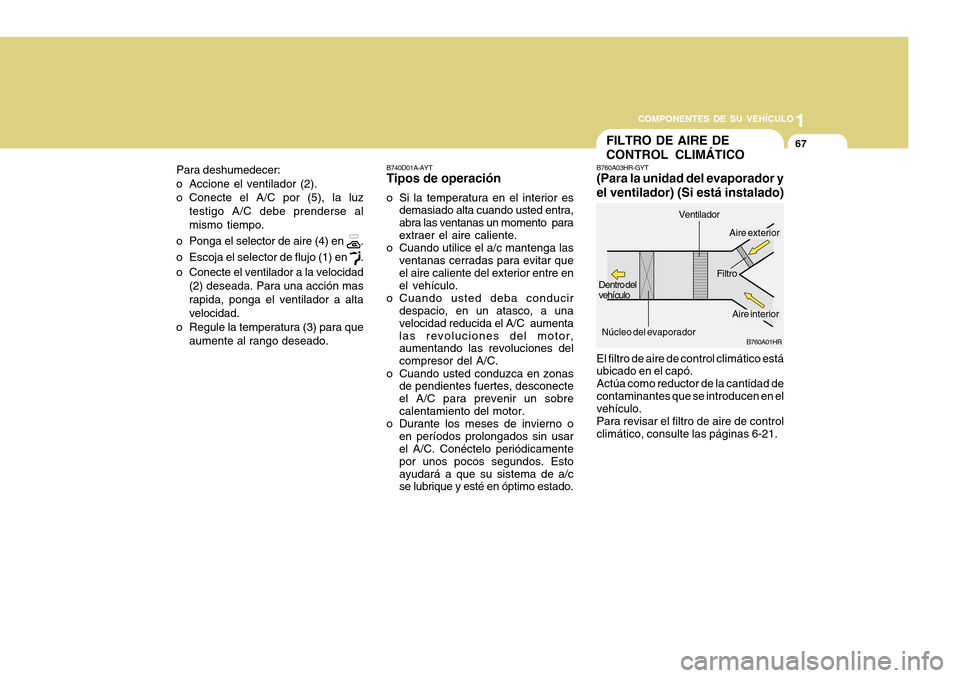 Hyundai H-100 Truck 2011  Manual del propietario (in Spanish) 1
COMPONENTES DE SU VEHÍCULO
67
B760A01HR
FILTRO DE AIRE DE CONTROL CLIMÁTICO
B740D01A-AYT Tipos de operación
o Si la temperatura en el interior es demasiado alta cuando usted entra, abra las venta