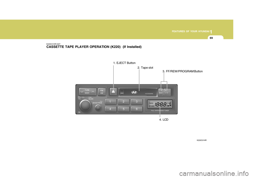 Hyundai H-100 Truck 2010  Owners Manuals 1
FEATURES OF YOUR HYUNDAI
69
K220C01HR-GAT CASSETTE TAPE PLAYER OPERATION (K220)  (If Installed)
2. Tape slot
K220C01HR
3. FF/REW/PROGRAM Button
1. EJECT Button
4 . LCD  
