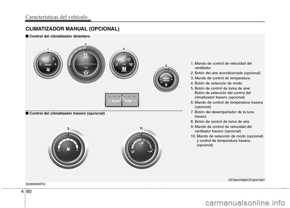 Hyundai H1 TQ 2016  Manual del propietario (in Spanish) Características del vehículo
60 4
CLIMATIZADOR MANUAL (OPCIONAL)
1. Mando de control de velocidad del
ventilador
2. Botón del aire acondicionado (opcional)
3. Mando de control de temperatura
4. Bot