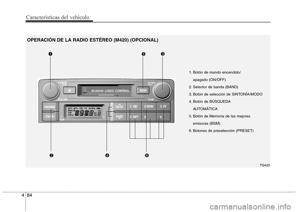 Hyundai H1 TQ 2015  Manual del propietario (in Spanish) Características del vehículo
84 4
1. Botón de mando encendido/
apagado (ON/OFF)
2. Selector de banda (BAND)
3. Botón de selección de SINTONÍA/MODO
4. Botón de BÚSQUEDA 
AUTOMÁTICA
5. Botón d