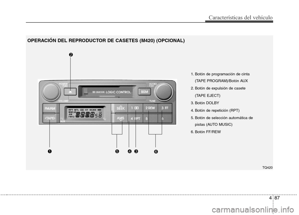 Hyundai H1 TQ 2015  Manual del propietario (in Spanish) 487
Características del vehículo
1. Botón de programación de cinta 
(TAPE PROGRAM)/Botón AUX
2. Botón de expulsión de casete
(TAPE EJECT)
3. Botón DOLBY
4. Botón de repetición (RPT)
5. Botó