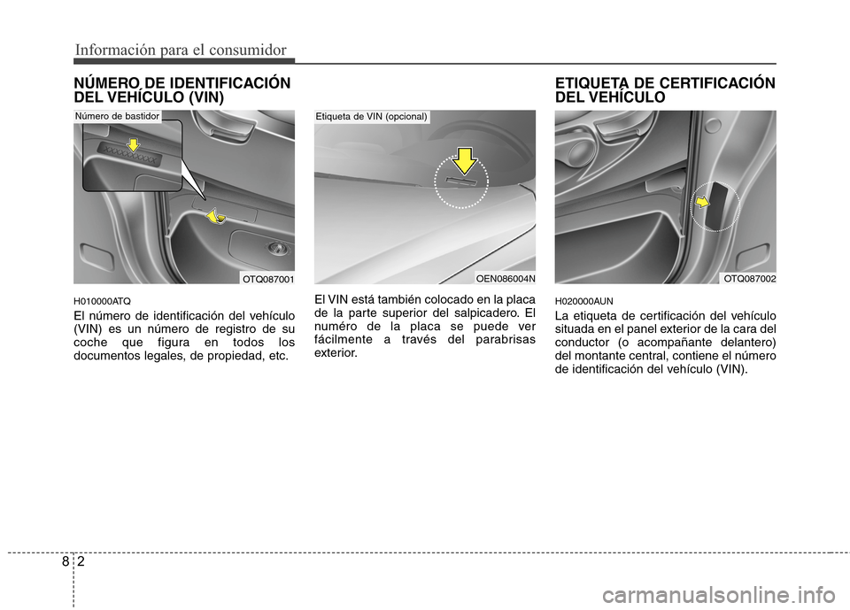 Hyundai H1 TQ 2015  Manual del propietario (in Spanish) Información para el consumidor
2 8
NÚMERO DE IDENTIFICACIÓN
DEL VEHÍCULO  (VIN)
H010000ATQ
El número de identificación del vehículo
(VIN) es un número de registro de su
coche que figura en tod