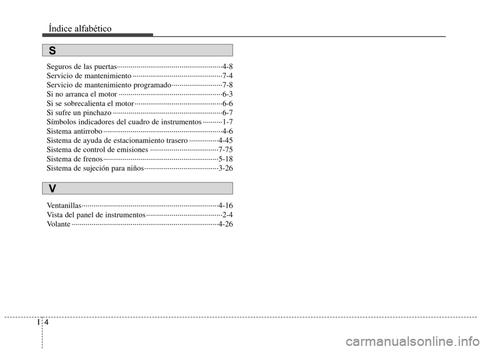 Hyundai H1 TQ 2015  Manual del propietario (in Spanish) Índice alfabético
4I
Seguros de las puertas······················································4-8
Servicio de mantenimiento ········