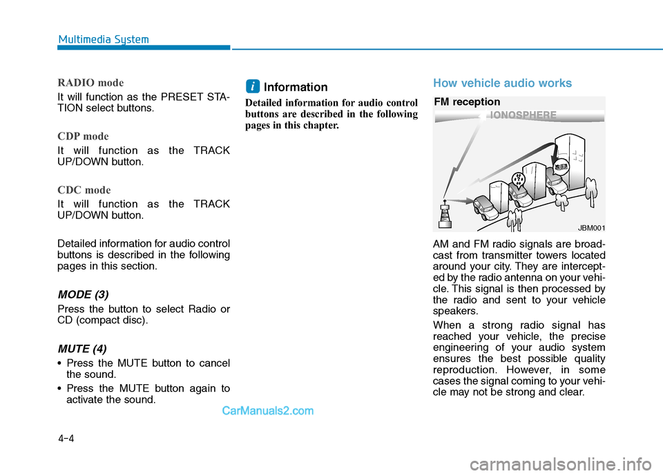 Hyundai H350 2016 Owners Manual 4-4
Multimedia System
RADIO mode
It will function as the PRESET STA-
TION select buttons.
CDP mode
It will function as the TRACK
UP/DOWN button.
CDC mode
It will function as the TRACK
UP/DOWN butto Hyundai H350 2016 Owners Manual 4-4
Multimedia System
RADIO mode
It will function as the PRESET STA-
TION select buttons.
CDP mode
It will function as the TRACK
UP/DOWN button.
CDC mode
It will function as the TRACK
UP/DOWN butto