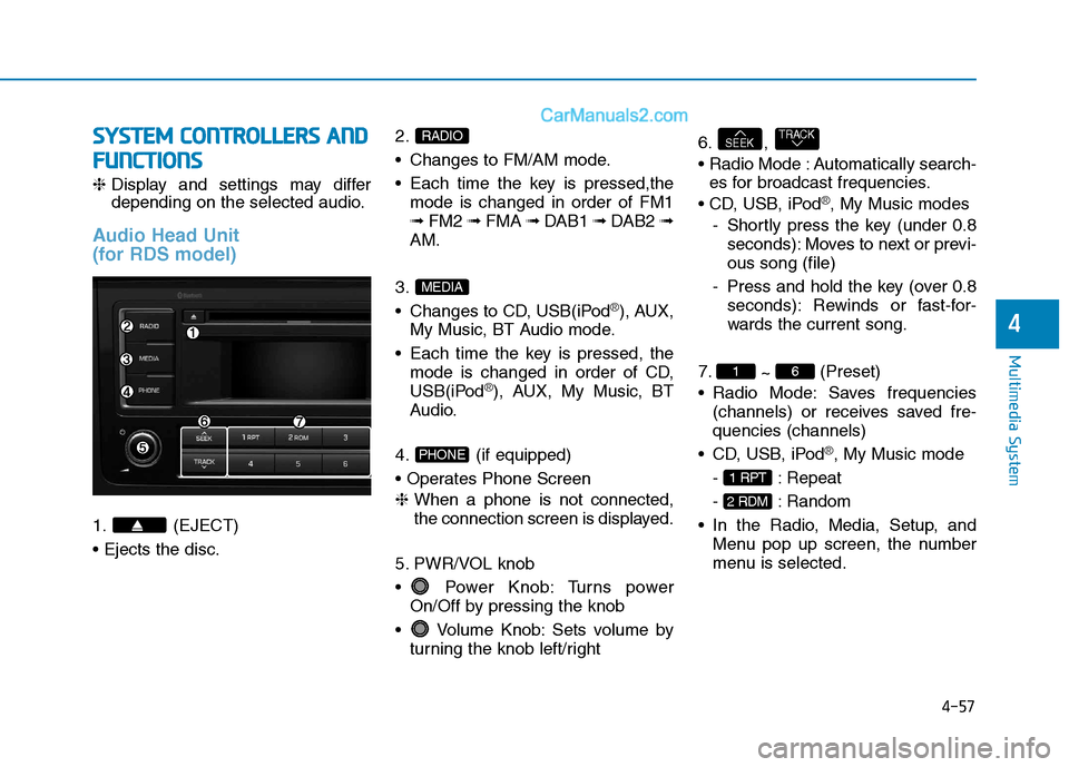Hyundai H350 2016  Owners Manual 4-57
Multimedia System
4
SSYY SSTT EEMM   CC OO NNTTRR OO LLLL EE RR SS  AA NN DD
F
F UU NNCCTT IIOO NNSS
❈ Display and settings may differ 
depending on the selected audio.
Audio Head Unit 
(for RD