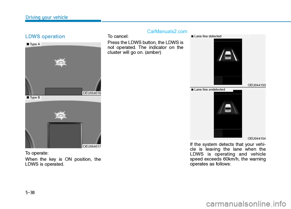 Hyundai H350 2016  Owners Manual 5-38
Driving your vehicle
LDWS operation
To operate: 
When the key is ON position, the 
LDWS is operated.To cancel: 
Press the LDWS button, the LDWS is 
not operated. The indicator on the
cluster will