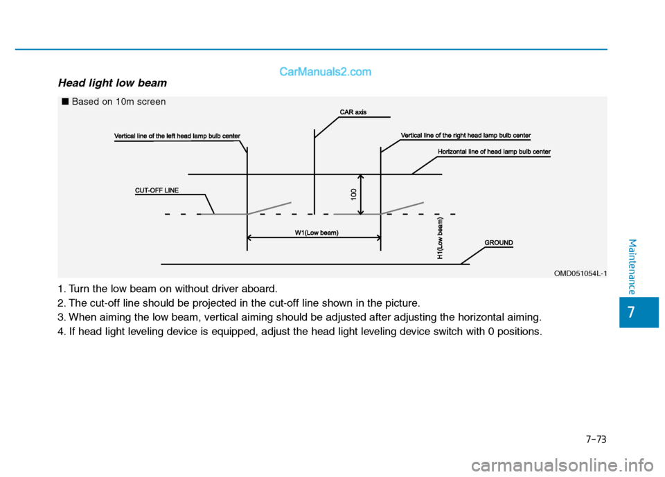 Hyundai H350 2015  Owners Manual 7-73
7
Maintenance
Head light low beam 
1. Turn the low beam on without driver aboard. 
2. The cut-off line should be projected in the cut-off line shown in the picture.
3. When aiming the low beam, v