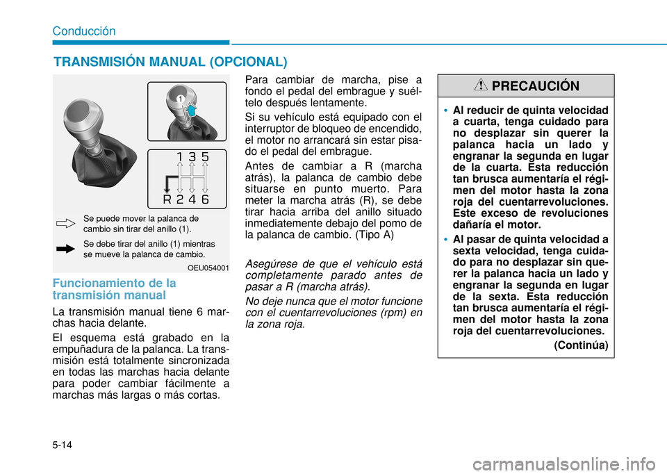 Hyundai H350 2015  Manual del propietario (in Spanish) 5-14
Conducción
Funcionamiento de la transmisión manual 
La transmisión manual tiene 6 mar- chas hacia delante.  El esquema está grabado en la empuñadura de la palanca. La trans-misión está tot