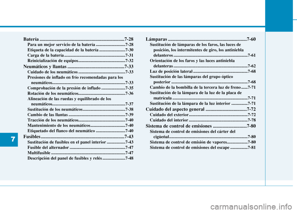 Hyundai H350 2015  Manual del propietario (in Spanish) 7
Batería ......................................................................7-28Para un mejor servicio de la batería ...........................7-28 
Etiqueta de la capacidad de la batería ....