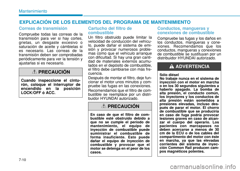 Hyundai H350 2015  Manual del propietario (in Spanish) 7-10
MantenimientoEXPLICACIÓN DE LOS ELEMENTOS DEL PROGRAMA DE MANTENIMIENTO
Correas de transmisión
Compruebe todas las correas de la transmisión para ver si hay cortes,grietas, un desgaste excesiv