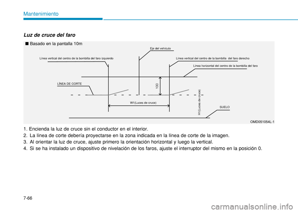 Hyundai H350 2015  Manual del propietario (in Spanish) 7-66
Mantenimiento
Luz de cruce del faro  1. Encienda la luz de cruce sin el conductor en el interior. 
2. La línea de corte debería proyectarse en la zona indicada en la línea de corte de la image