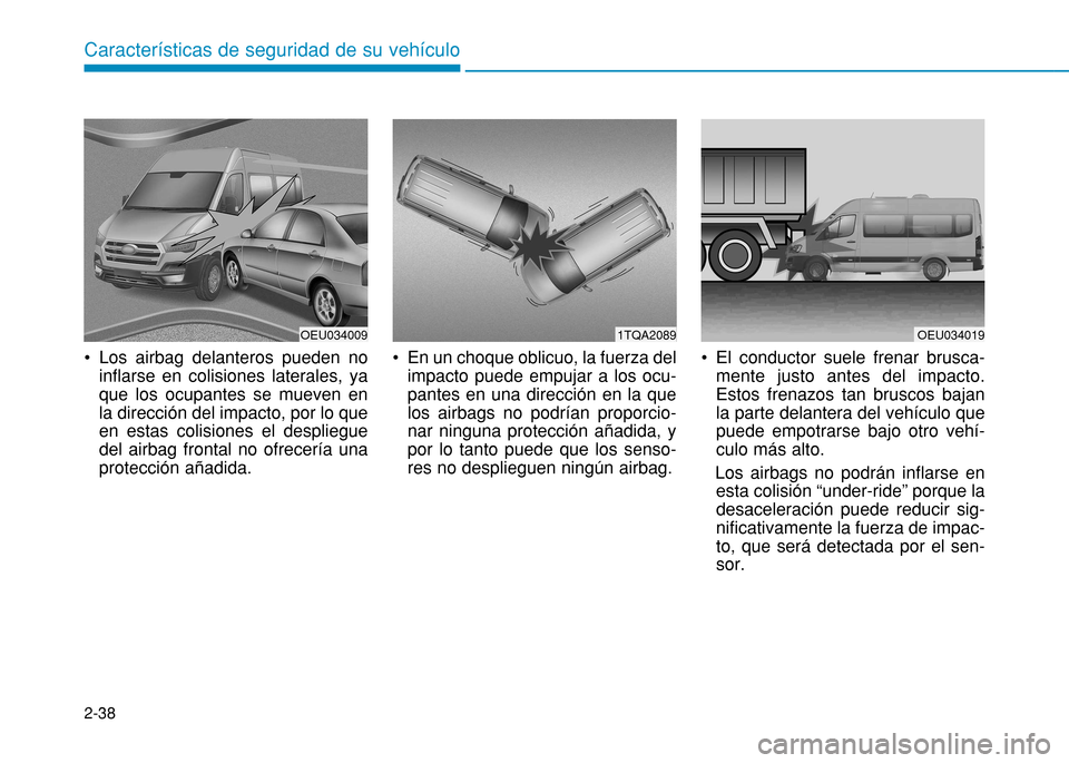 Hyundai H350 2015  Manual del propietario (in Spanish) 2-38
Características de seguridad de su vehículo
 Los airbag delanteros pueden noinflarse en colisiones laterales, ya que los ocupantes se mueven enla dirección del impacto, por lo queen estas coli