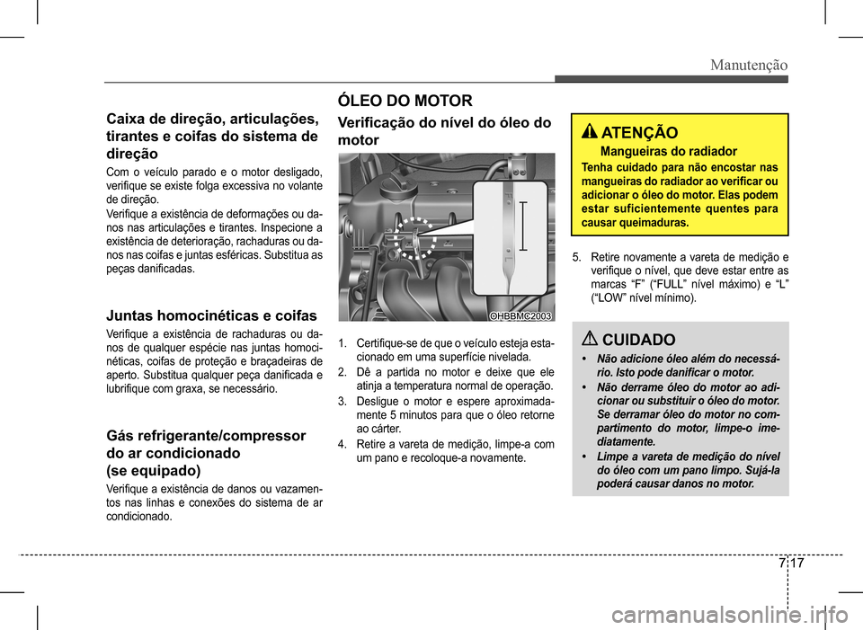 Hyundai HB20 2017  Manual do proprietário (in Portuguese) Manutenção
7 17
Caixa de direção, articulações,  
tirantes e coifas do sistema de 
direção
Com  o  veículo  parado  e  o  motor  desligado,  
verifique se existe folga excessiva no volante 
d