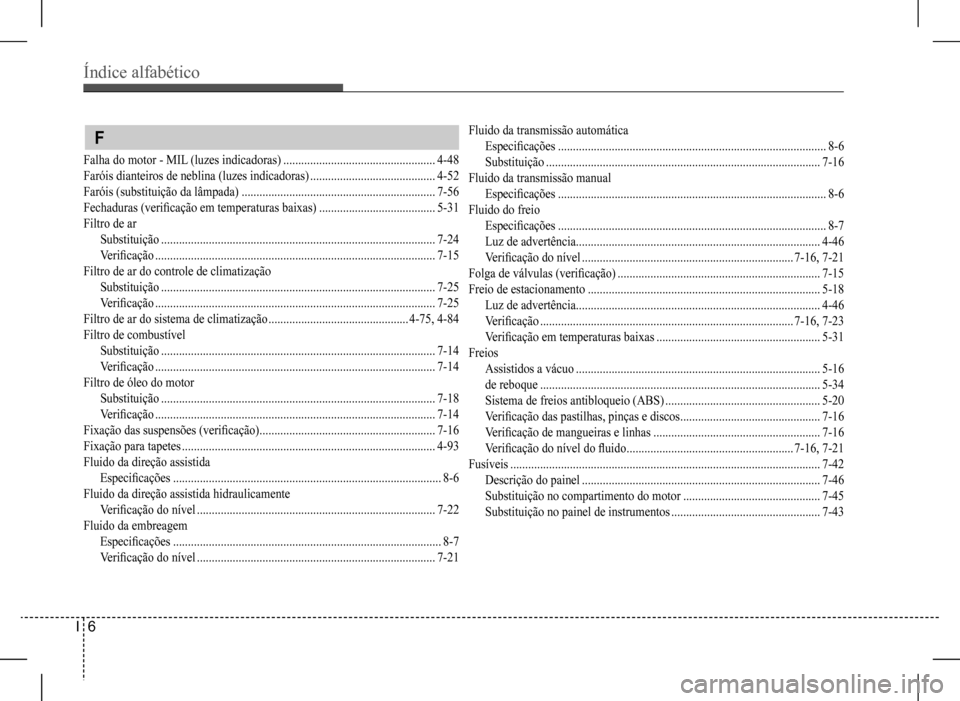 Hyundai HB20 2017 Manual do proprietário (in Portuguese) Índice alfabético
I 6
Fluido da transmissão automática
Especificações ..........................................................................................8-6
Substituição .............. Hyundai HB20 2017 Manual do proprietário (in Portuguese) Índice alfabético
I 6
Fluido da transmissão automática
Especificações ..........................................................................................8-6
Substituição ..............