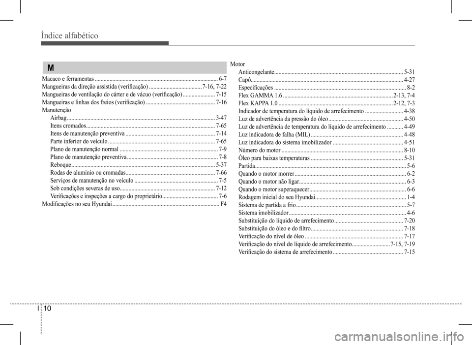 Hyundai HB20 2017 Manual do proprietário (in Portuguese) Índice alfabético
I 10
M
Macaco e ferramentas ....................................................................................6-7
Mangueiras da direção assistida (verificação) ............ Hyundai HB20 2017 Manual do proprietário (in Portuguese) Índice alfabético
I 10
M
Macaco e ferramentas ....................................................................................6-7
Mangueiras da direção assistida (verificação) ............